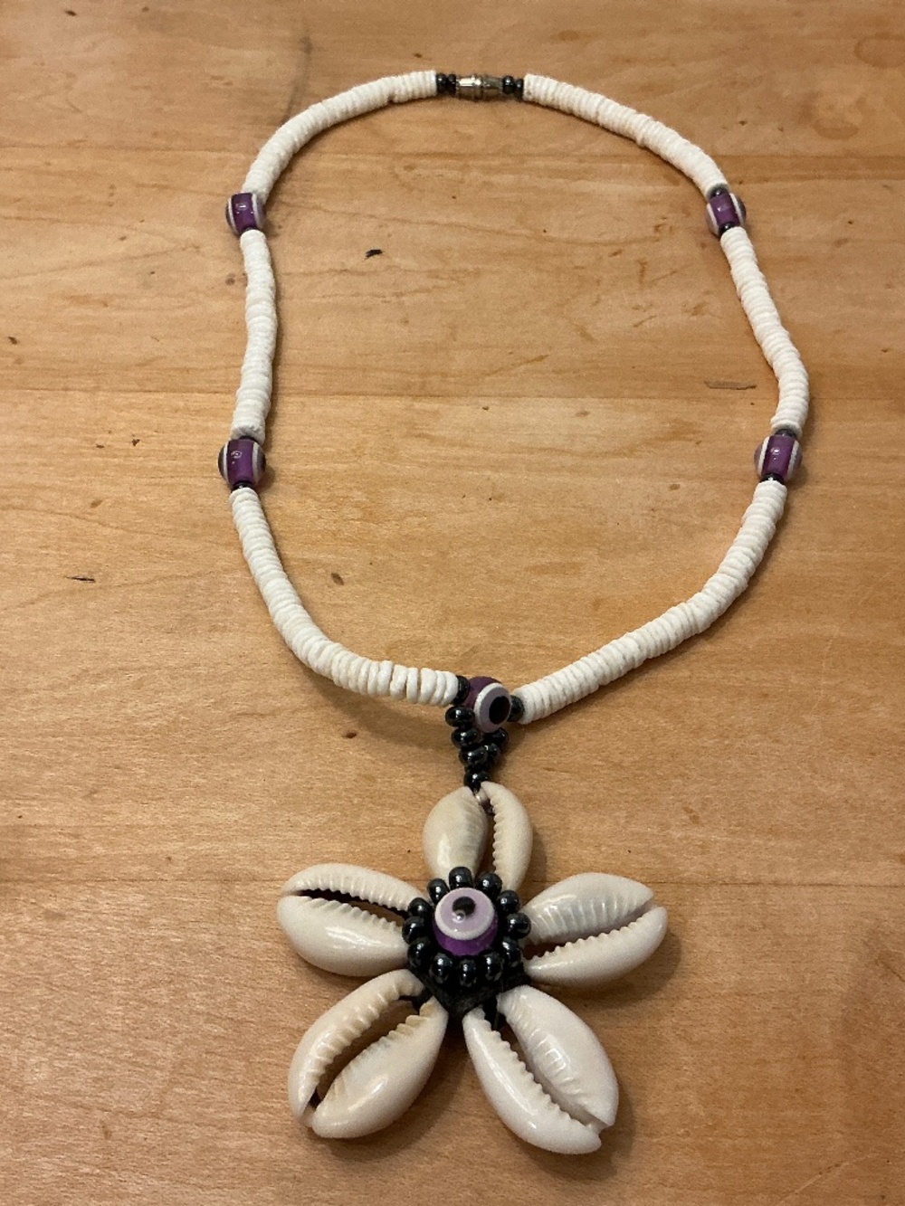 Shell necklace with Shell Flower Pendant Purple Evil Eye beads